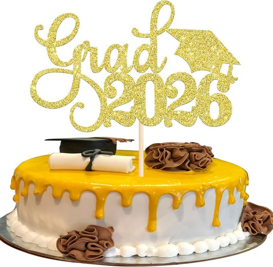 1 Pack Grad 2026 Cake Topper with Glitter Congrats Grad Cap Class of 2026 Cake Pick Decorations for 2026 Graduation Theme School Boys Girls Graduate Party Supplies Gold
