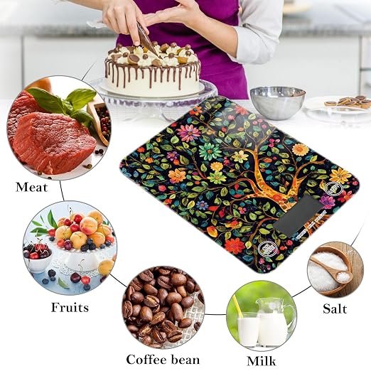 Food Scale Kitchen Scale for Baking Cooking Digital Food Weighing Measuring Scale Small Waterproof Electric Food Scale Tree of Life Floral Leaves Black
