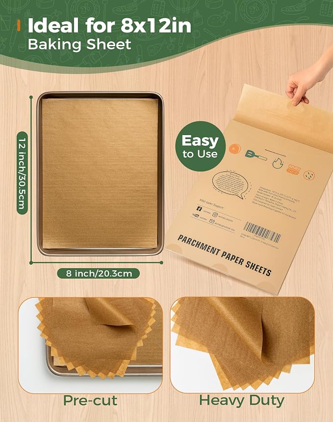 120Pcs 8x12 Unbleached Parchment Paper Sheets, Non-Stick & Heavy Duty Baking Paper, Pre-Cut Parchment Paper for Baking, Cooking, Air Fryer, Steaming, Grilling, Sandwiches Wrapping