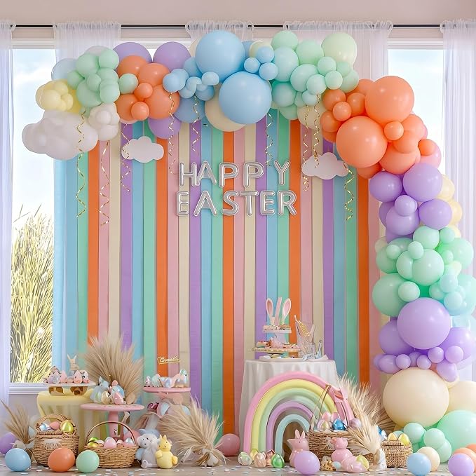 132 Pcs Pastel Birthday Party Balloons Decor with 197ft Crepe Paper Streamers Kits Rainbow Macaron Assorted Color Balloon Arch for Baby Shower Gender Reveal Ice Cream Party Wedding Unicorn