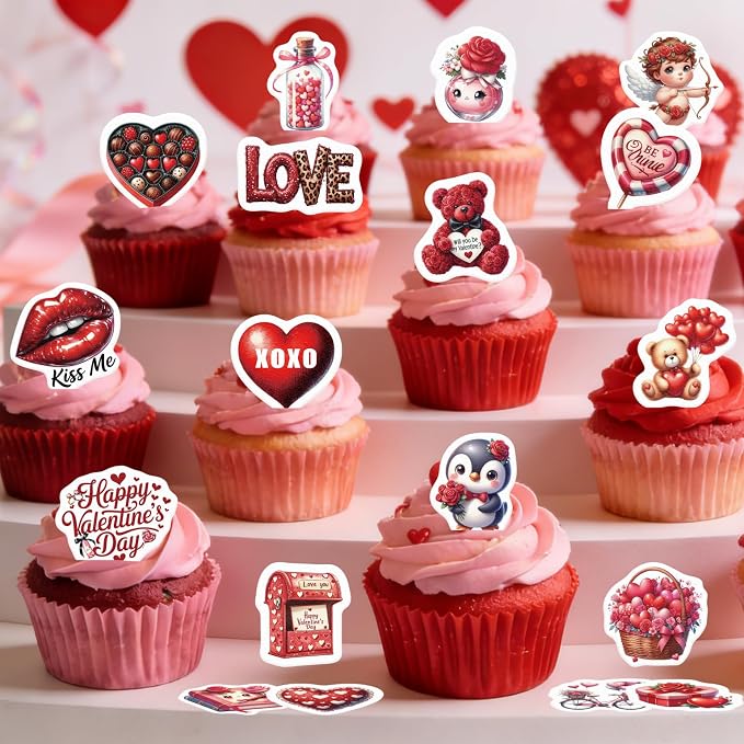 72PCS Edible Happy Valentine’s Day Cupcake Toppers Wafer Paper Sweet Love Be Mine Kiss Me Cupcake Picks Valentine’s Cake Decor for Valentine's Day Theme Wedding Party Supplies