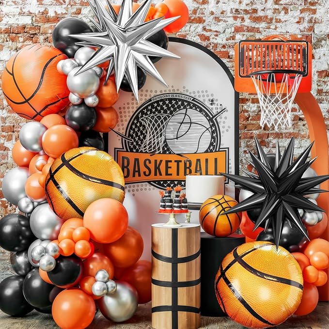 Basketball Balloons Arch Kit, Black Orange Metallic Silver Balloons Garland with Explosion Star and Basketball Foil Balloons for Boy Sport Theme Party basketball Star Teenagers Birthday decoration