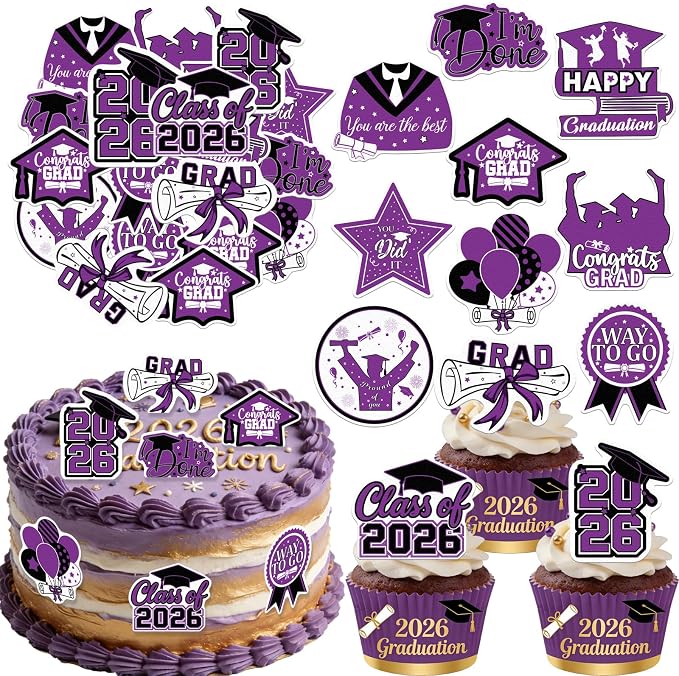 48pcs Edible 2026 Graduation Cupcake Toppers Wafer Paper Purple Class of 2026 Cake Decorations Edible Congrats Grad Cupcake Picks for 2026 Graduation Theme Party Cake Supplies