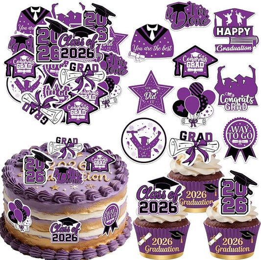 48pcs Edible 2026 Graduation Cupcake Toppers Wafer Paper Purple Class of 2026 Cake Decorations Edible Congrats Grad Cupcake Picks for 2026 Graduation Theme Party Cake Supplies