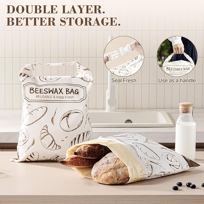 Beeswax Bread Bag, Reusable Bread Bags for Homemade Bread, 2 Pack Beeswax Bread Bags for Sourdough, Natural Cotton Sourdough Bread Bag, Large Capacity