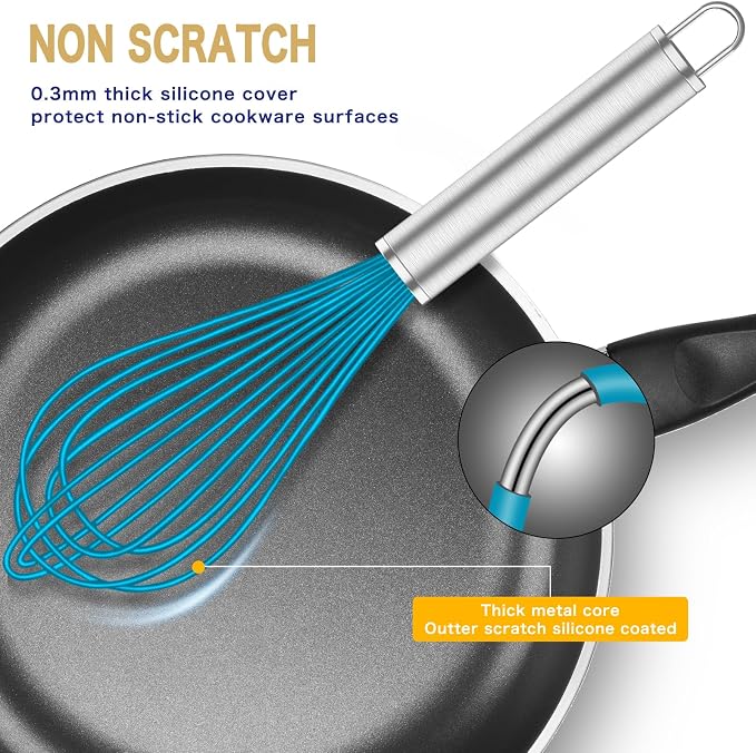OYV Silicone Whisk,Heat Resistant 480°F Whisks For Cooking Non Scratch,Stainless Steel wired wisk,Plastic Rubber Whisk Tool For Nonstick Cookware Pans,Silicon Wisks Set of 4,Blue