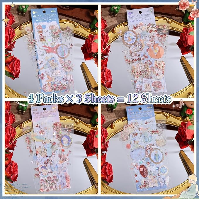 12 PCS Flowers Rose Themed Sticker, Decals for Scrapbook Supplies Bullet Junk Journal Bottles Planner Laptops DIY Scrapbooks Journals Phone Case Decoration Gifts Rewards