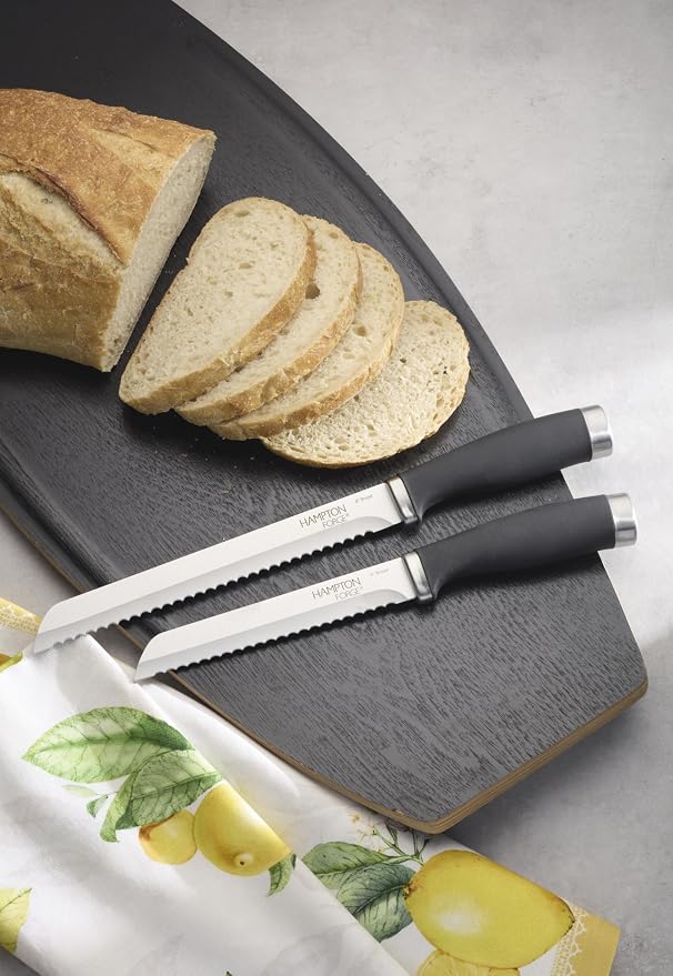 Hampton Forge Silverware Set, Epicure Bread Knives 2 Piece, Stainless Steel Material, Hand Wash, Kitchen Utensils, Cutlery Set, Kitchen Knives, Blade Guards, Slip Resistant (Black/Silver, 2 Pieces)