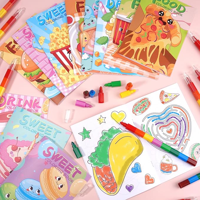 BenLouis 12 Fast Food Mini Coloring Books Kids with 12 Stacking Crayons Snacks Donut Pizza Party Favors Small Activity Books Bulk for Kids Delicious Fast Food Party Gift Goodie Bag Stuffers