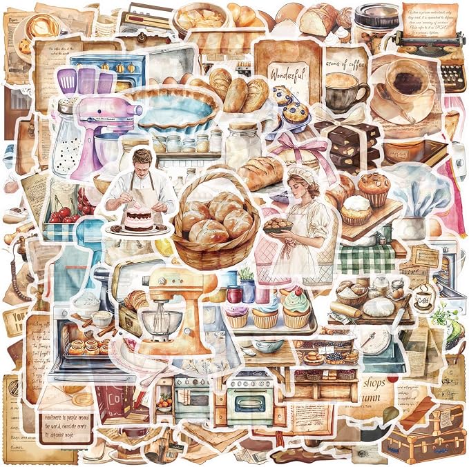 100pcs Cute Kitchen Baking Stickers Realistic Bakery Transparent Recipe Waterproof Food Stickers Pack for DIY Scrapbook Water Bottles,Laptop,Funny Bakery Themed Party Decorations