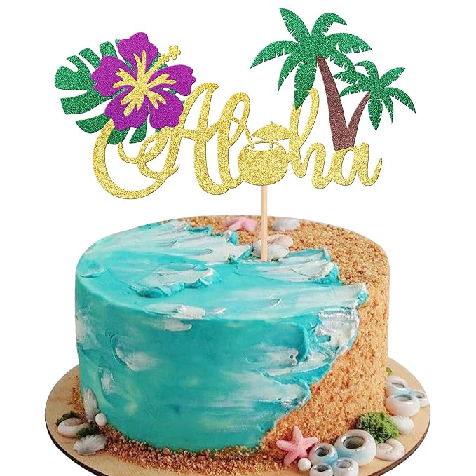 1 PCS Aloha Cake Topper Glitter Tropical Luau Palm Leaves Tree Flower Cake Pick Decoration for Summer Hawaiian Luau Tropical Aloha Theme Baby Shower Birthday Party Cake Decorations Supplies
