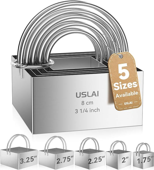 USLAI Biscuit Cutter Set (1.75, 2, 2.5, 2.75, 3.25 Inch), Stainless Steel Square Cookie Cutter with Handle, Professional Kitchen Baking Dough Tools, 5 Pieces - Square