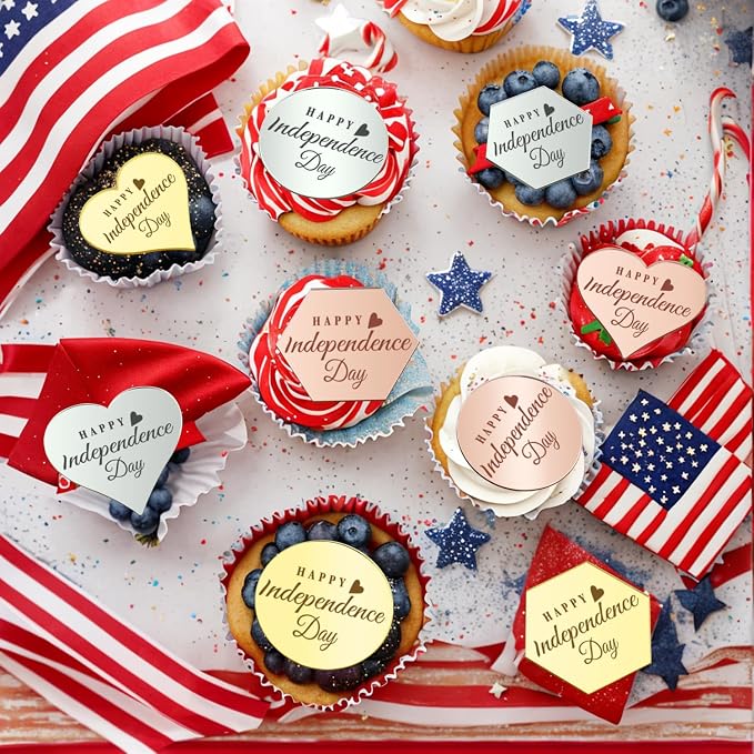 45PCS Happy 4th of July Cake Toppers, Mirror Acrylic Cupcake Toppers 3 Multi-shape & 3 Different Color Custom Cupcake Picks for 4th of July Party Decorations