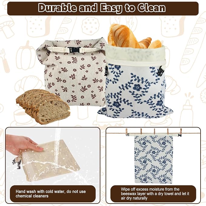 2 Pack Beeswax Bread Bags for Sourdough Homemade Bread, XL Linen Bread Bag | Zippered Reusable Cotton Bread Bags, 10 Pcs Large Paper Bags, Food Storage Bag, Lock in Freshness, Freezer Safe, Eco-Friendly
