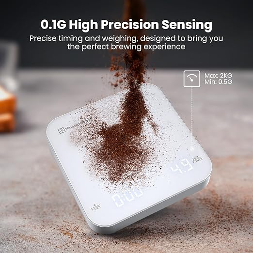 Maestri House S2 Espresso Coffee Scale with Timer, USB-C Rechargeable 2kg/0.1g Precision Shot Scale, Digital Scale for Espresso Brewing(White & Silver)