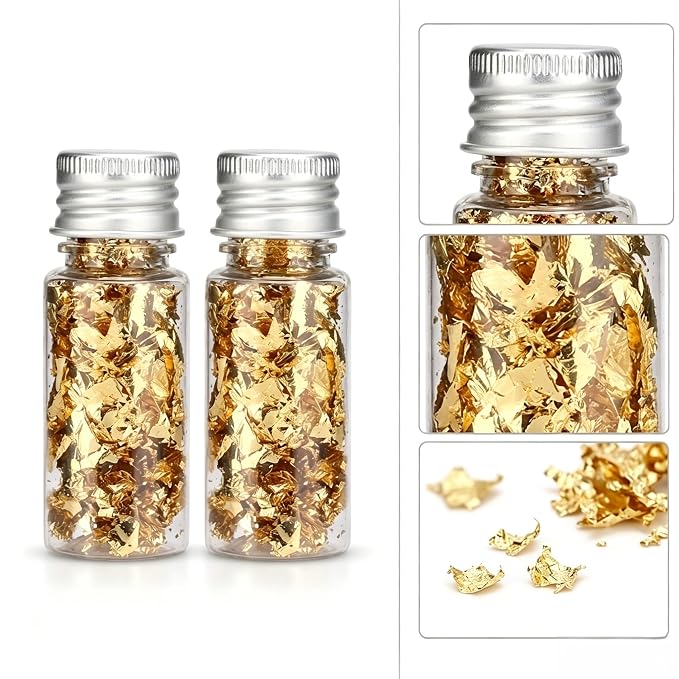 Lwuey Gold Leaf Flakes for Cake ＆ Drinks Decoration, 2PCS | Use for Cakes, Cupcakes, Chocolates, Desserts, Drinks, Cooking Decor, Birthday Party and Makeup Looks