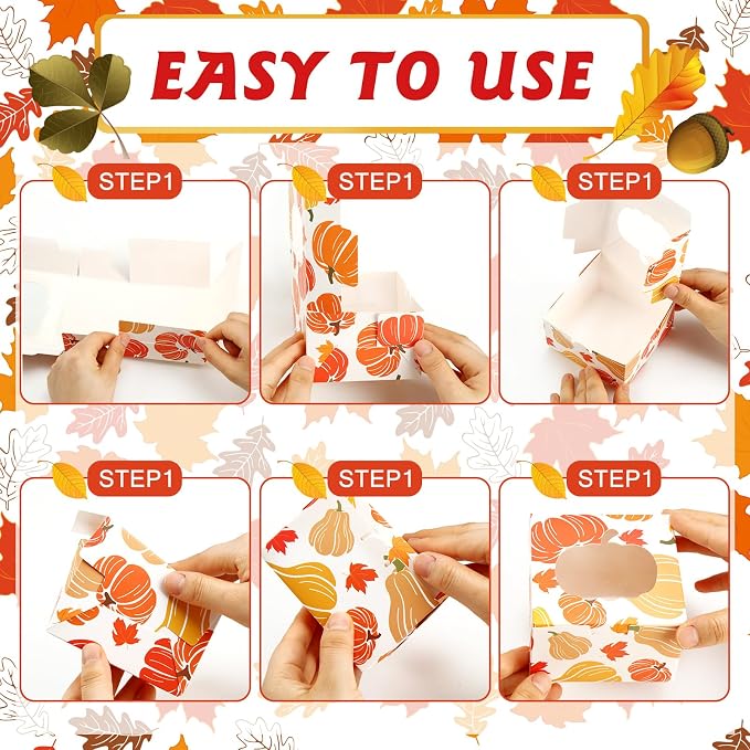 Dispowreath 24 Pcs Fall Treat Boxes with Window Yellow Maple Leaf Pumpkin Printed Candy Cookie Boxes Paper Gift Container Autumn Party Favor for Thanksgiving Fall Cookie Goodie Candy Party