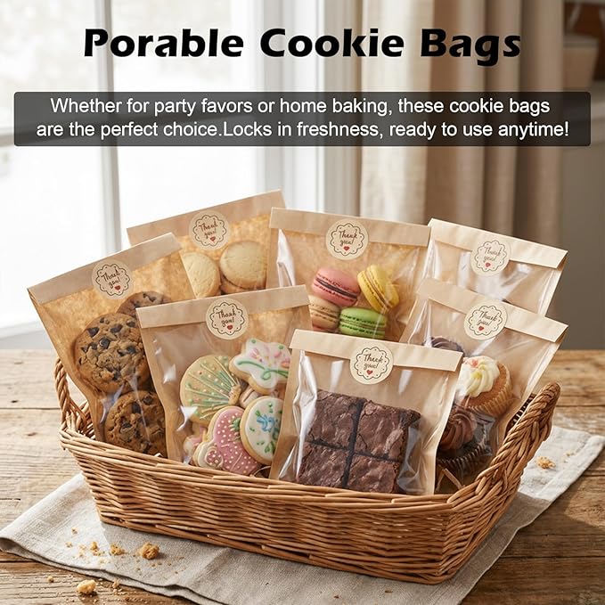 Cookie Bags with Window, 5.1"x7.5" Paper Oil-proof Bakery Bags | 100 Pack Kraft Heat Sealable Cookie Packaging Bags for Gift Giving Bake Sale for Cookies, Donut, Slice, Sandwich