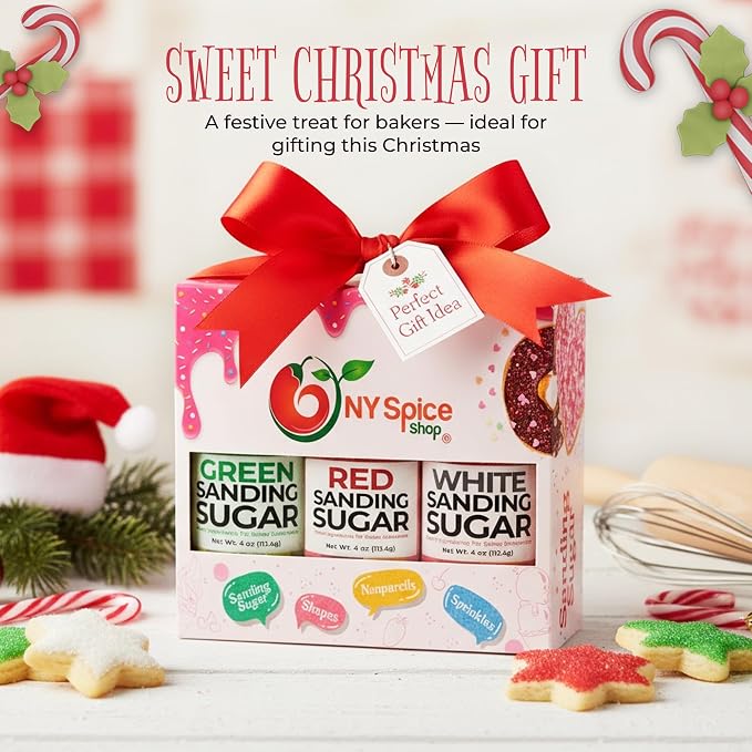 NY Spice Shop Sanding Sugar – Pack of 3 Red Green & White Baking Sugar Crystals - Holiday Dessert Decorations & Colorful Sugar - Themed Baking Supplies
