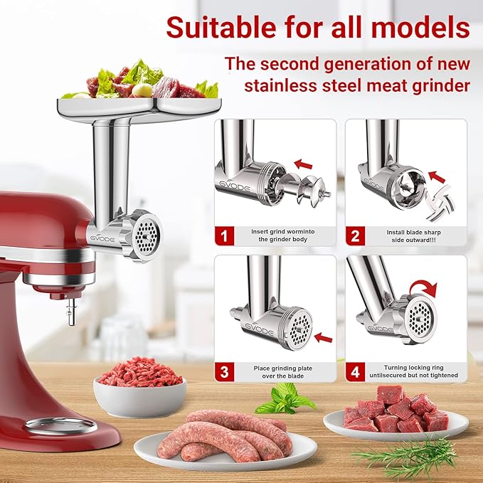GVODE Stainless Steel Meat Grinder Attachment for KitchenAid Stand Mixer, Food Grinder attachment with 4 Grinding Plates, 3 Sausage Stuffer Tubes, 2 Grinding Blades, Mixers Accessories for Kitchen Aid