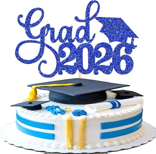 1 Pack Grad 2026 Cake Topper with Glitter Congrats Grad Cap Class of 2026 Cake Pick Decorations for 2026 Graduation Theme School Boys Girls Graduate Party Supplies Blue