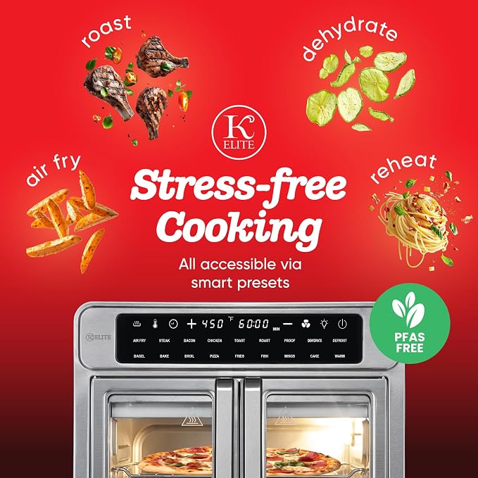 Kitchen Elite 26 Quart French Door Air Fryer Oven – Family Size Countertop Convection Cooker with LED Display, Stainless Steel