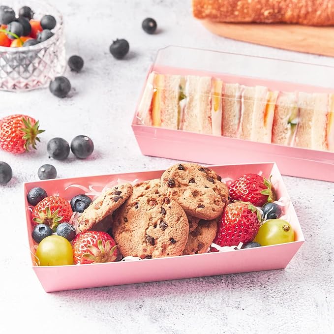 ZORRITA Paper Charcuterie Boxes with Clear Lids, 100 Pack, Pink | 7.5x3.3 Inch, Small, To Go Food Containers, For Desserts, Treats, Cookies, Sandwich, Pastry, Strawberries and Cupcakes