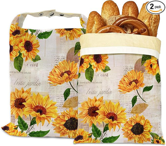 Bread Bags for Homemade Bread, Vintage Sunflower Yellow Flower 2 Pack Linen and Beeswax Sourdough Storage Bags, Reusable Keeper, Keeps Breads Fresh Longer, Gifts for Bakers