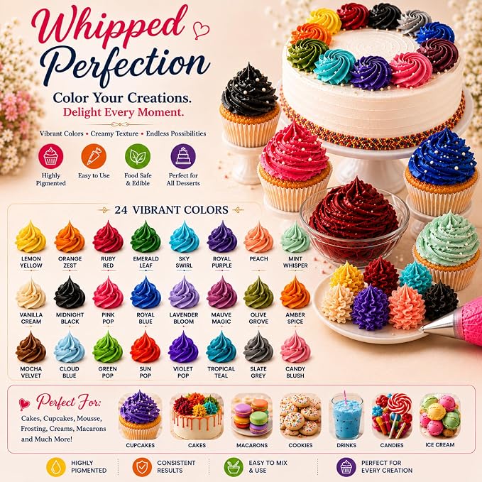 Confect Master Artist Water Color Food Coloring Set – Highly Pigmented Oil Based Food Colors for Cakes, Buttercream, Drinks, Popsicles & Baking – 24 Pack × 10mL