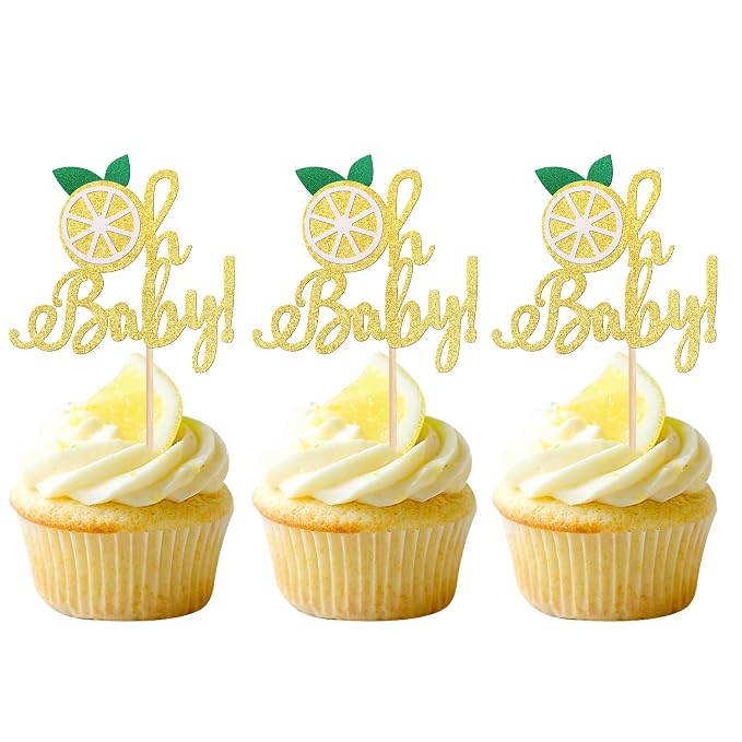 24 PCS Lemon Oh Baby Cupcake Toppers Glitter Fruit Theme Oh Baby Lemonade Party Cupcake Picks for Lemon Theme Baby Shower Kids Boys Girls Birthday Party Cake Decorations Supplies Gold