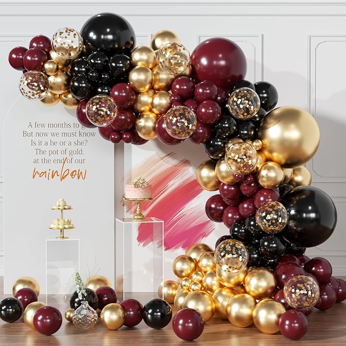 Burgundy Balloon Arch Garland Kit 154pcs Burgundy Maroon Black Gold and Confetti Balloons In Different Sizes for Wedding Valentines Day Baby Shower Birthday Party Decorations