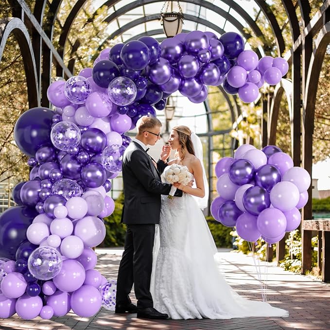 136-Pack Metallic Purple & Lavender Lilac Balloon Garland Kit - Chrome Purple, Dark/Light Purple Balloons with Confetti for Princess Birthday, Wedding, Baby Shower, Bachelorette Decor
