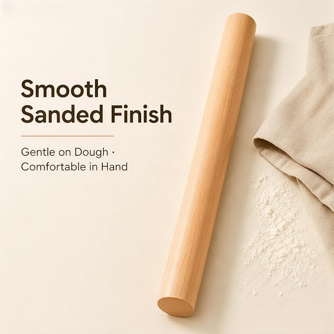 Wood Rolling Pin 16.9 Inch, Natural Beech Wood Non-Stick Rolling Pin for Baking, Wooden Dough Roller for Pizza, Pastry, Pie Crust, Cookies & Fondant, Essential Kitchen Baking Tool