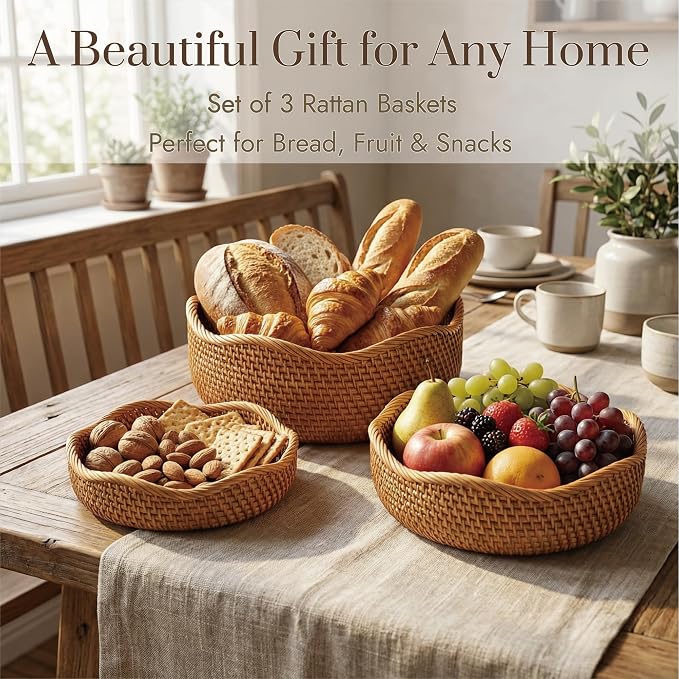 YANGQIHOME Rattan Bread Basket, Round Fruit Baskets, Wicker Storage Bowls, Natural Woven Serving Basket Bowls, Decorative Baskets for Kitchen Counter Organizing (Natural L)