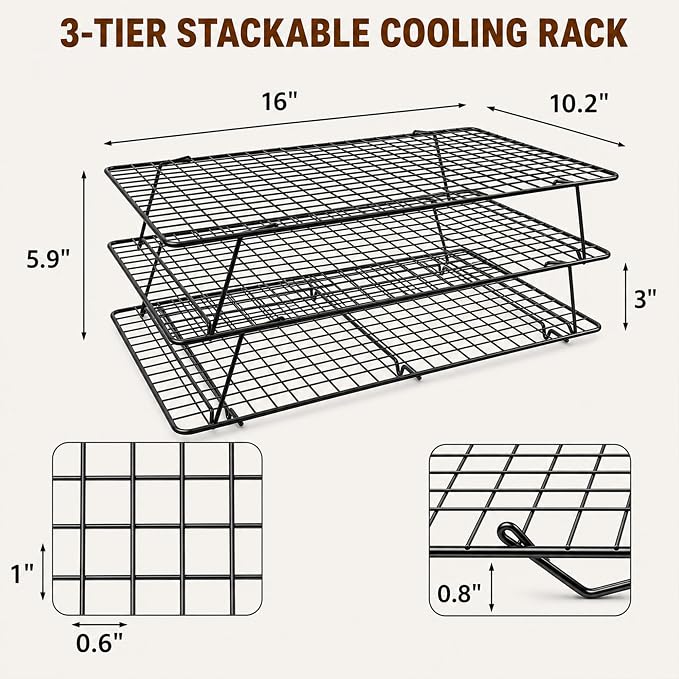 Cooling Rack, 3 Tier Stackable Cooling Racks for Cooking Baking Roasting, Multi-Level Collapsible Cookie Rack for Cakes, Oven Safe & Easy Clean (Black, 3-Tier-SL)