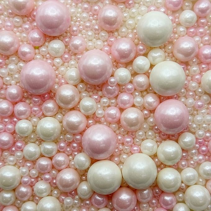 CandiJumpin Edible Pearls for Cake Decorating, Pink and White Pearl Sprinkles Baby Pink Sugar Pearls Edible Cake Decorations White Pearl Sugar Sprinkles Cupcake Toppers Valentines Baby Shower Party Birthday Wedding Christmas Supplies 3 OZ