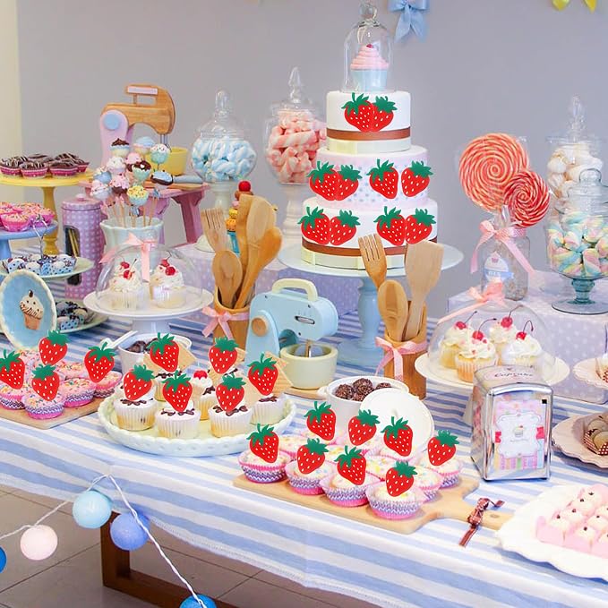 60 PCS Edible Strawberry Cupcake Toppers Wafer Paper Sweet Berry Cupcake Picks Edible Strawberry Cupcake Decorations for Baby Shower Wedding Birthday Party Cake Food Decorations Supplies