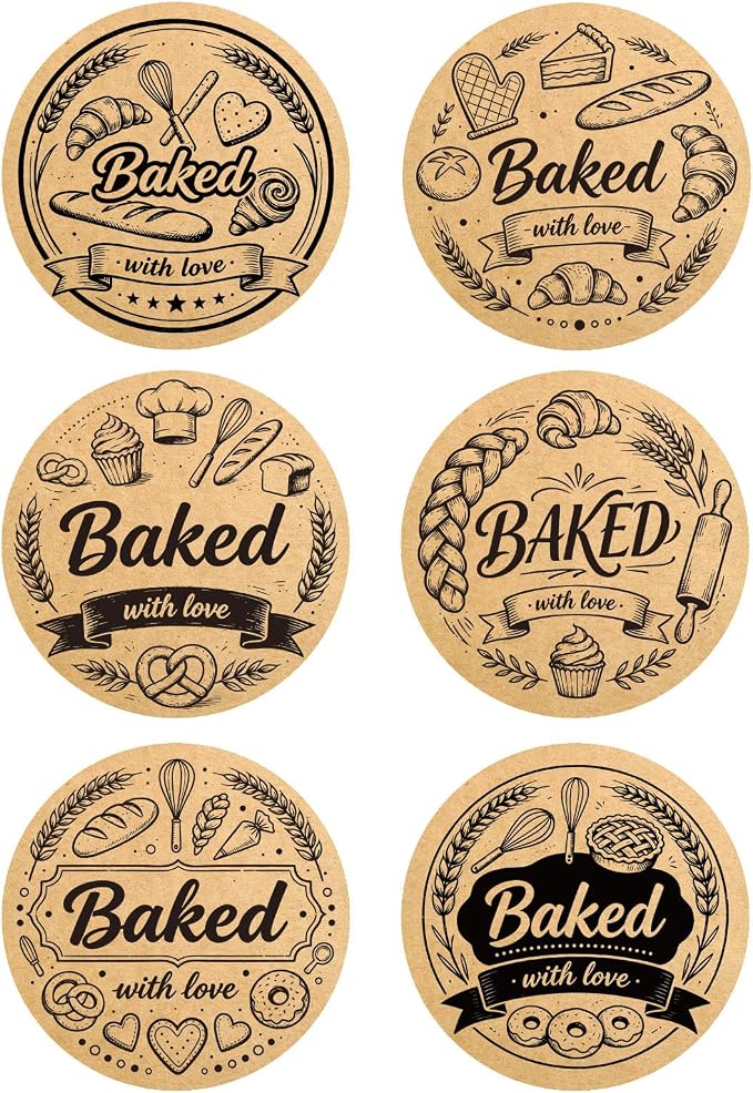 240PCS Baked with Love Stickers, 1.6 Inch Round Self-Adhesive Kraft Baking Labels, Vintage Packaging Stickers for Homemade Bread Cookies Goodie Bags Gift Wrapping,6 Design