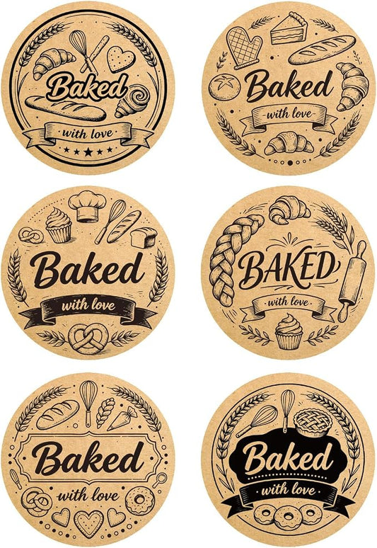 240PCS Baked with Love Stickers, 1.6 Inch Round Self-Adhesive Kraft Baking Labels, Vintage Packaging Stickers for Homemade Bread Cookies Goodie Bags Gift Wrapping,6 Design
