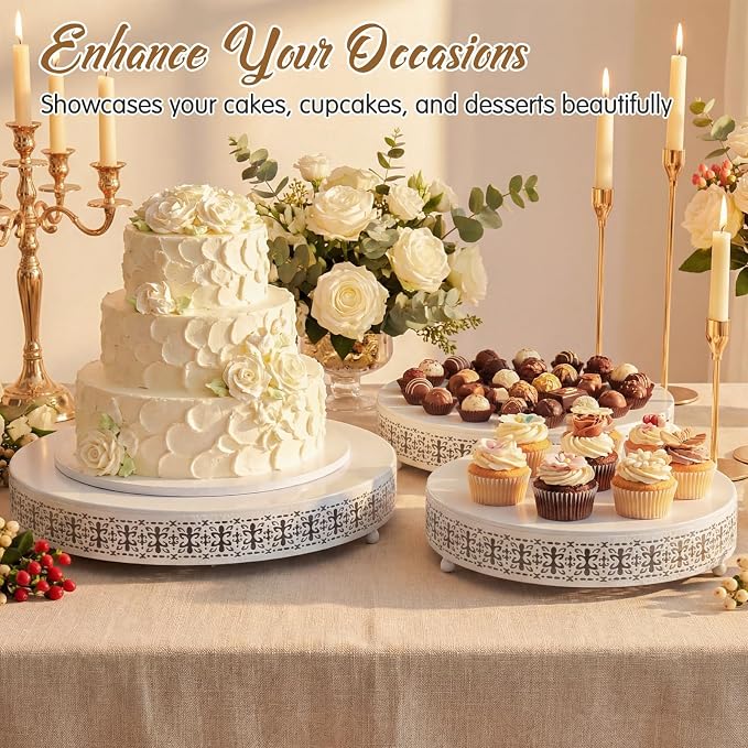 Wenqik 3 Pcs 16'' 14'' 12'' Metal White Cake Stand Round Cake Stands for Dessert Table Cookies Fruit Serving Tray Cupcake Dessert Pastry Riser for Wedding Birthday Party and Events (Retro Style)