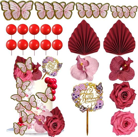 27 PCS Flower Cake Decorations Red Cake Decorations Boho Butterfly Cake Toppers with Rose Artifical Flowers Palm Leaves Balls Happy Birthday Cake Topper for Birthday Party Wedding Baby Shower