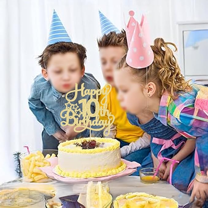1 Pack Happy 10th Birthday Cake Topper Glitter Heart Star 10 Fabulous Cake Pick Birthday Sign Cake Decorations for Children 10th Birthday Theme Party Supplies Gold