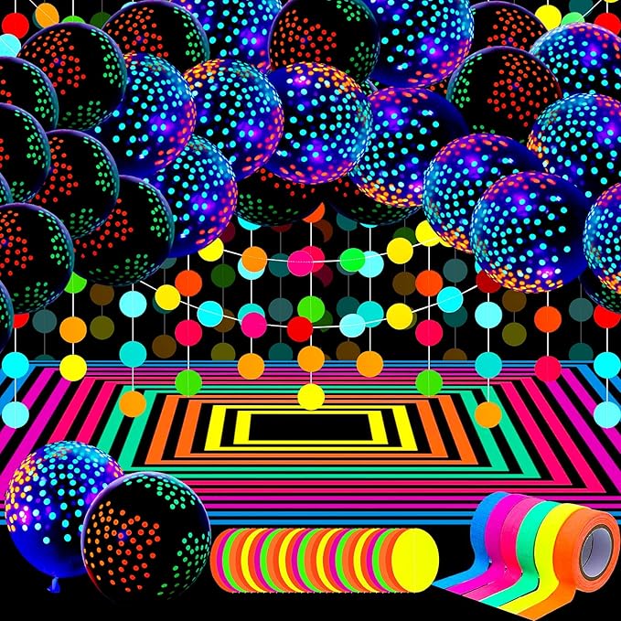 Skylety 32 Pcs Glow in The Dark Party Supplies Neon Party Favors with 25 Fluorescent Balloon 6 Rolls 98.4 ft UV Blacklight Luminous Tape 14.4 ft Neon Streamer Garland for Adults(Bright Dot)