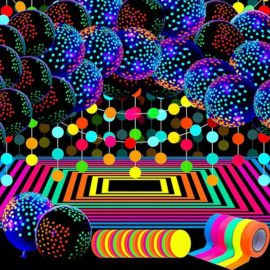 Skylety 32 Pcs Glow in The Dark Party Supplies Neon Party Favors with 25 Fluorescent Balloon 6 Rolls 98.4 ft UV Blacklight Luminous Tape 14.4 ft Neon Streamer Garland for Adults(Bright Dot)