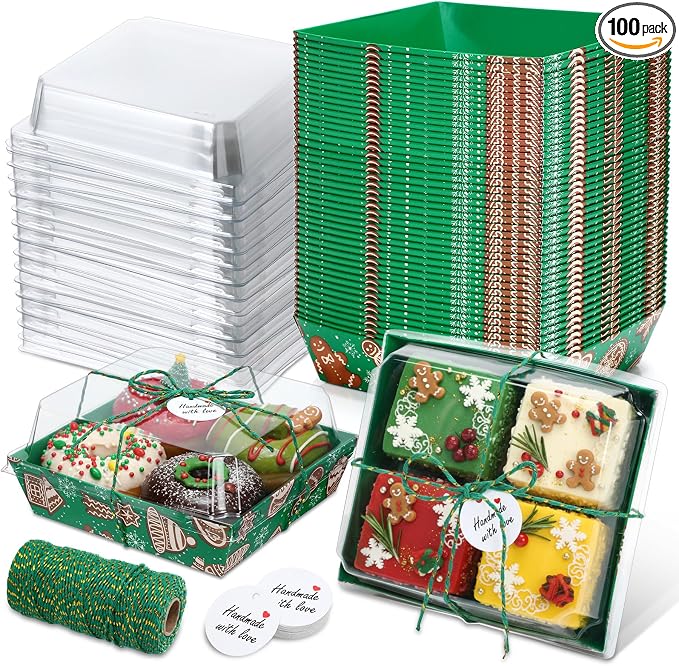 Outus 100 Pack Christmas Charcuterie Boxes with Clear Lids, Paper Dessert Boxes to Go with Gift Tags Rope Disposable Party Favor Treat Food Containers for Cookies, Donuts, Muffins, Salad, and Pastry