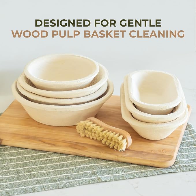 Bulka Banneton Natural Cleaning Brush for Wood Pulp Sourdough Proofing Baskets - Ergomonic Beechwood Handle & Agave Bristles, Medium Firmness Long & Short Bristles for Efficient Cleaning