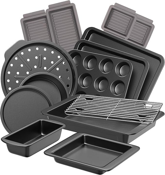 HONGBAKE Bakeware Sets, Baking Pans Set with Reusable Silicone Sheet Trays Dividers, Nonstick Oven Pan with Wider Grips, 14-Piece Including Rack, Cookie Sheet, Cake, Loaf, Muffin, Pizza Pan