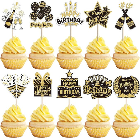 40 PCS Happy Birthday Cupcake Toppers Double Sided Balloon Star Cheers Party Time Happy Birthday Cupcake Picks for Celebrating Anniversary Theme Party Cake Decorations Supplies Black Gold