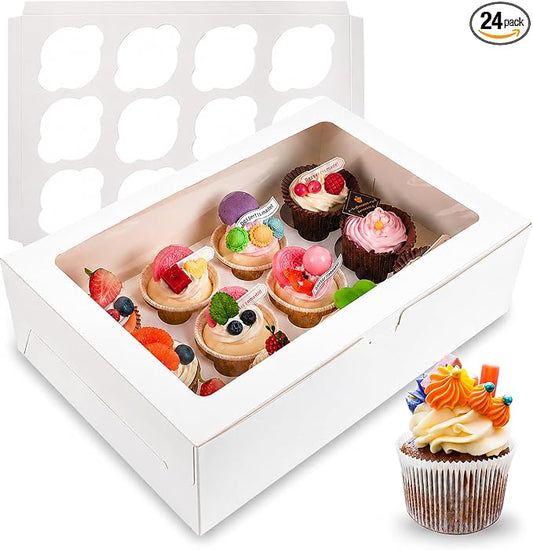 NPLUX 24 Pack Cupcake Boxes, 12 Count Cupcake Containers with Window and Cardboard, Food Grade Cupcake Carrier For Muffins Cupcakes Desserts (White 13.8×9.5×4 In)