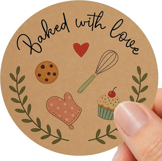 100 Baked with Love Stickers, Kraft Paper Bakery Stickers for Cookies, Sourdough Bread & Pastry Packaging, Rustic Baking Labels for Gift Bags, Bakery Boxes & Small Business, 1.6 Inch